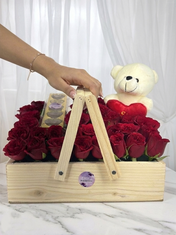 Wooden Rose Hamper with Artisanal Chocolates