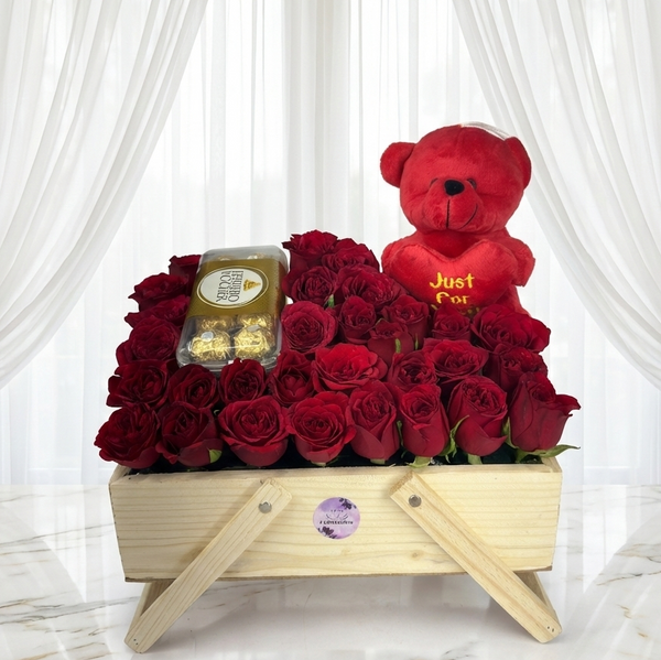 The Grand Red Rose & Rocher Wooden Hamper