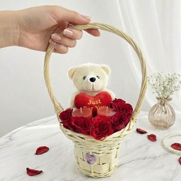 Cream Teddy & Scented Rose Basket