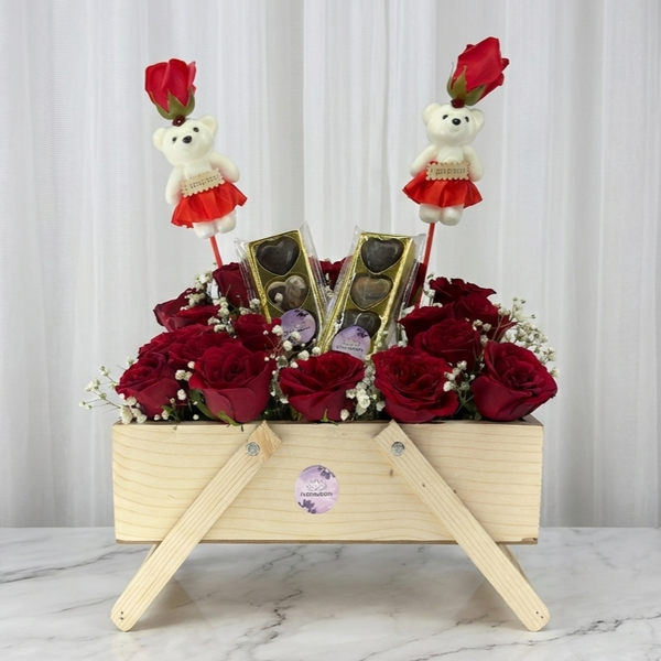 Wooden Rose Stand with Handmade Chocolates