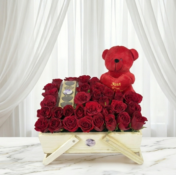 Rustic Red Rose & Teddy Stand