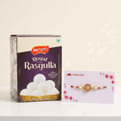 Floral Meenakari Rakhi & Bikano Royal Rasgulla (1kg) Hamper