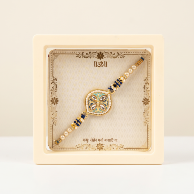 Premium Framed Om Kundan & Blue Meenakari Rakhi